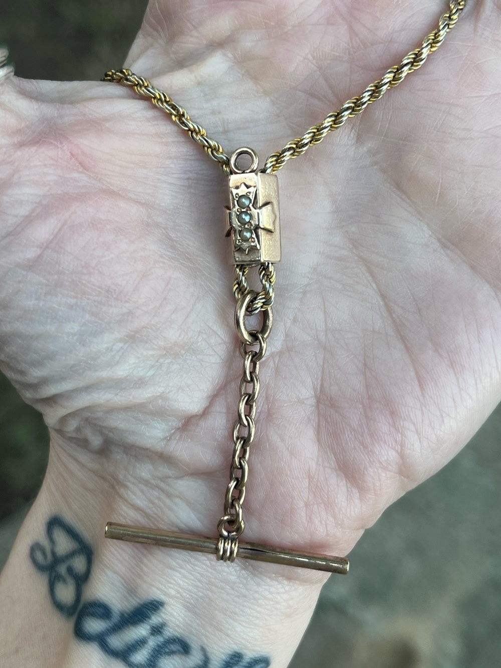 Antique Gold Filled Upcycled Watch Chain Necklace With Tiny Seed Pearls